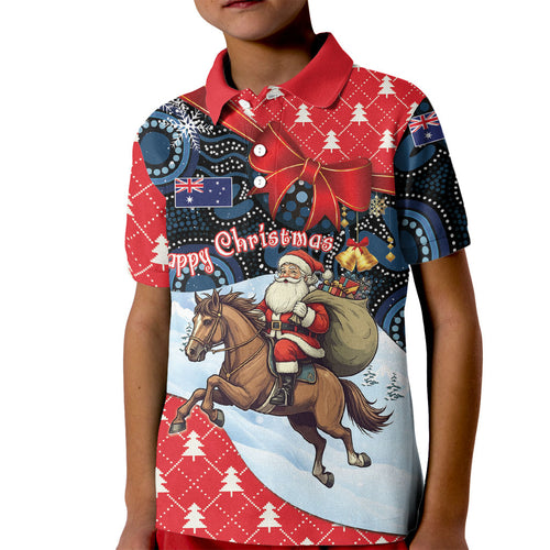 Australia Christmas In July Personalised Kid Polo Shirt Santa Horse Racing Aboriginal Dot Art