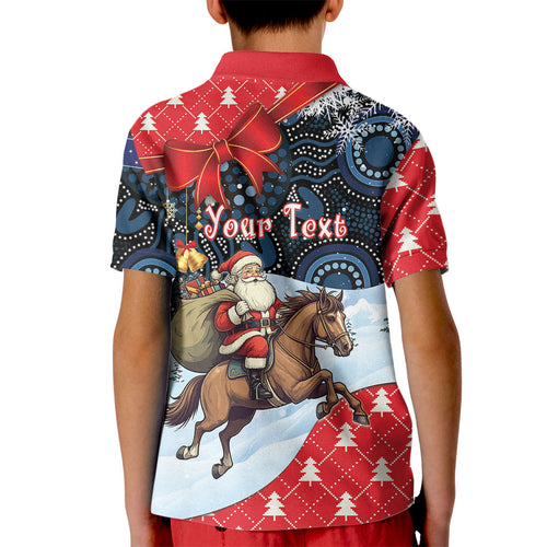 Australia Christmas In July Personalised Kid Polo Shirt Santa Horse Racing Aboriginal Dot Art
