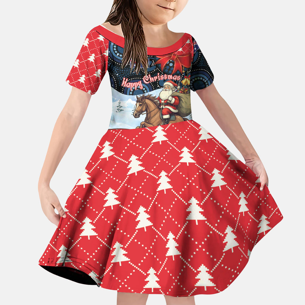 Australia Christmas In July Personalised Kid Short Sleeve Dress Santa Horse Racing Aboriginal Dot Art