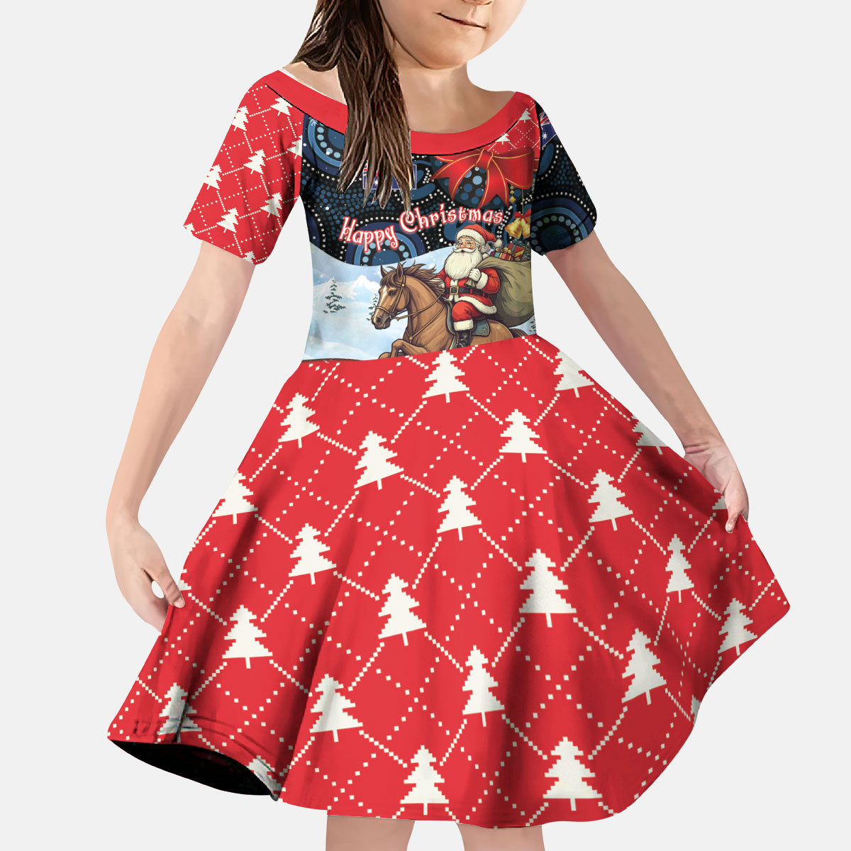 Australia Christmas In July Personalised Kid Short Sleeve Dress Santa Horse Racing Aboriginal Dot Art