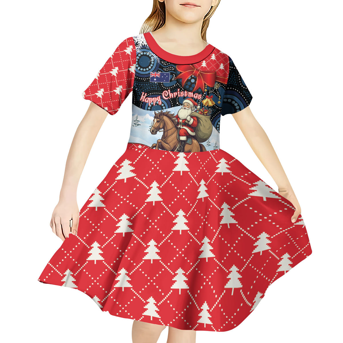 Australia Christmas In July Personalised Kid Short Sleeve Dress Santa Horse Racing Aboriginal Dot Art