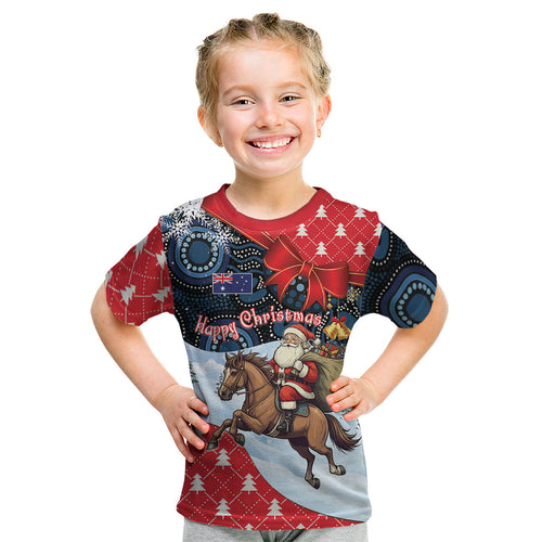 Australia Christmas In July Personalised Kid T Shirt Santa Horse Racing Aboriginal Dot Art