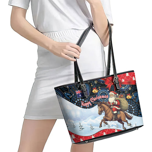 Australia Christmas In July Leather Tote Bag Santa Horse Racing Aboriginal Dot Art