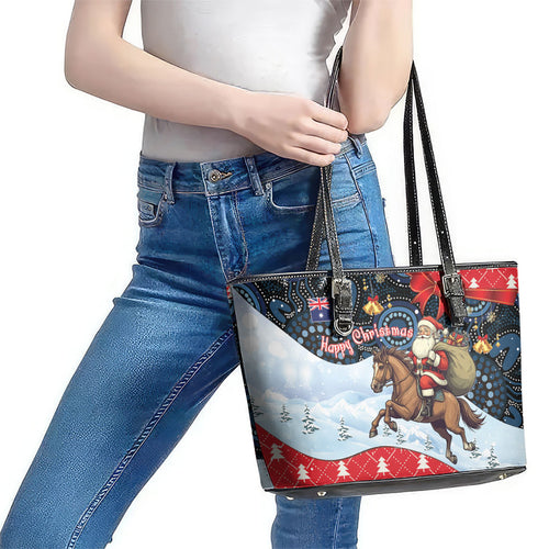 Australia Christmas In July Leather Tote Bag Santa Horse Racing Aboriginal Dot Art