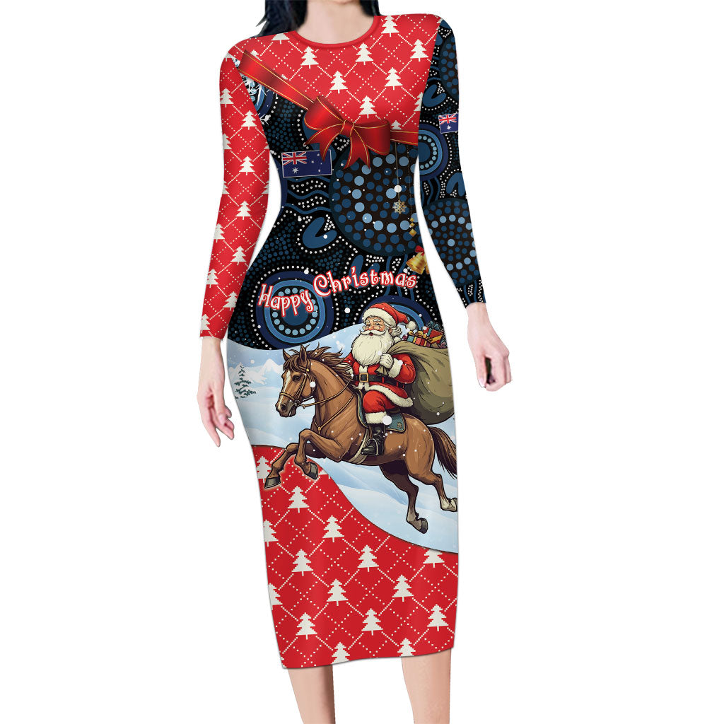 Australia Christmas In July Personalised Long Sleeve Bodycon Dress Santa Horse Racing Aboriginal Dot Art