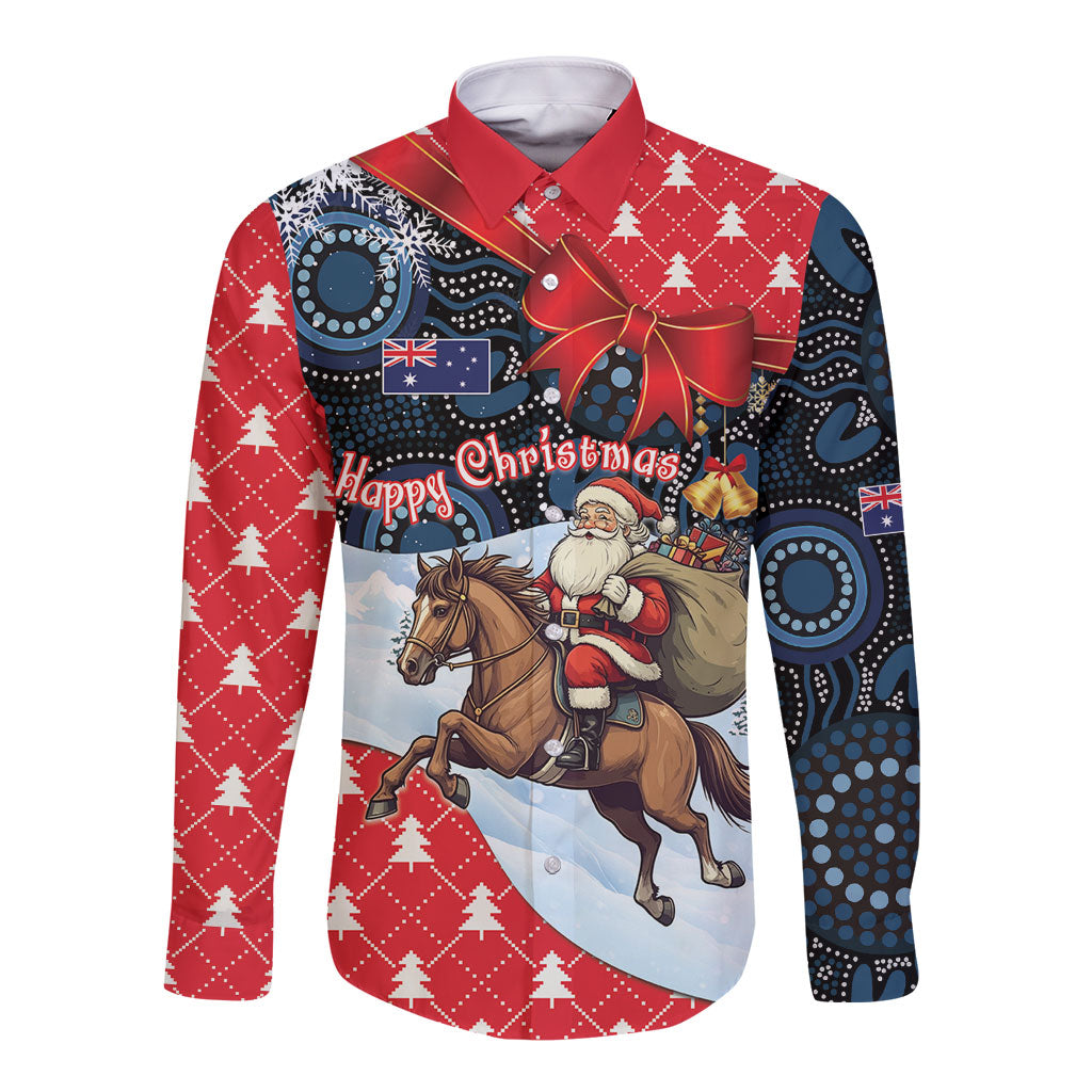 Australia Christmas In July Personalised Long Sleeve Button Shirt Santa Horse Racing Aboriginal Dot Art