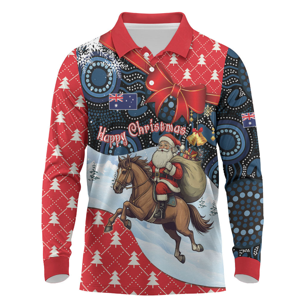 Australia Christmas In July Personalised Long Sleeve Polo Shirt Santa Horse Racing Aboriginal Dot Art