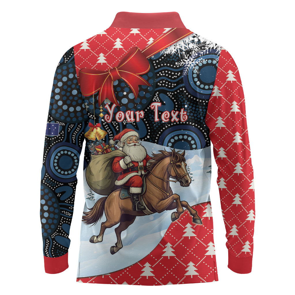 Australia Christmas In July Personalised Long Sleeve Polo Shirt Santa Horse Racing Aboriginal Dot Art