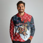 Australia Christmas In July Personalised Long Sleeve Polo Shirt Santa Horse Racing Aboriginal Dot Art