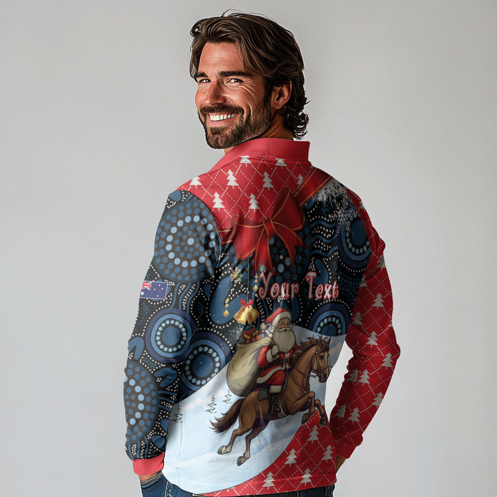 Australia Christmas In July Personalised Long Sleeve Polo Shirt Santa Horse Racing Aboriginal Dot Art
