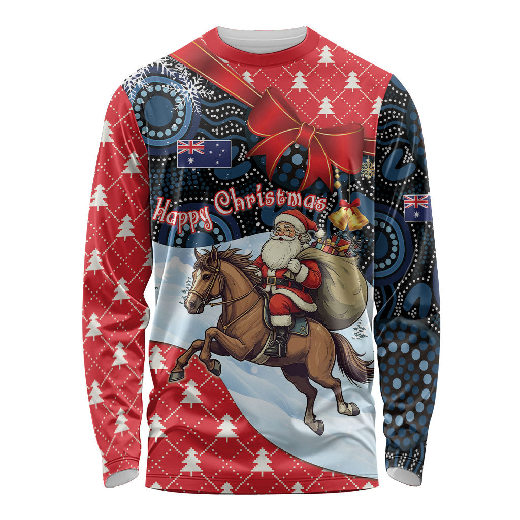 Australia Christmas In July Personalised Long Sleeve Shirt Santa Horse Racing Aboriginal Dot Art
