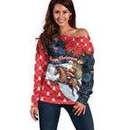 Australia Christmas In July Personalised Off Shoulder Sweater Santa Horse Racing Aboriginal Dot Art