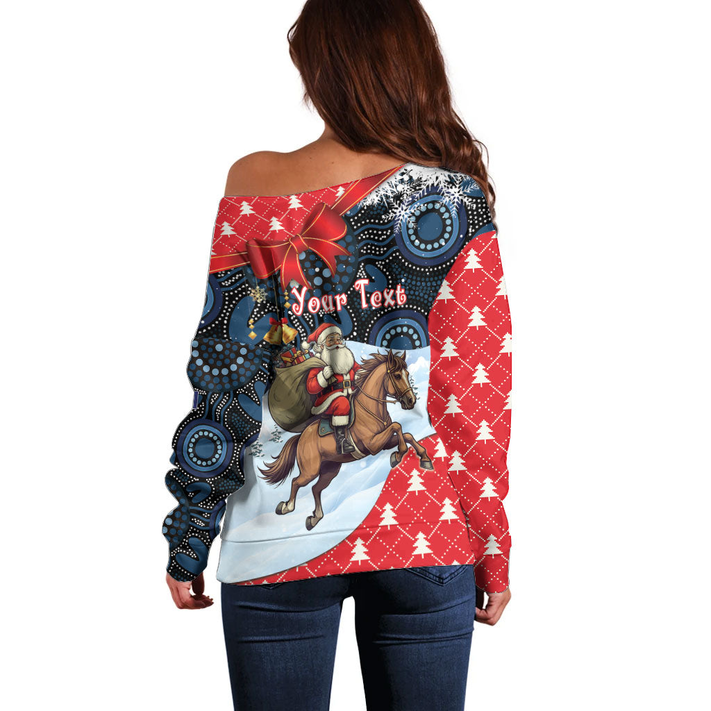 Australia Christmas In July Personalised Off Shoulder Sweater Santa Horse Racing Aboriginal Dot Art