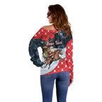 Australia Christmas In July Personalised Off Shoulder Sweater Santa Horse Racing Aboriginal Dot Art