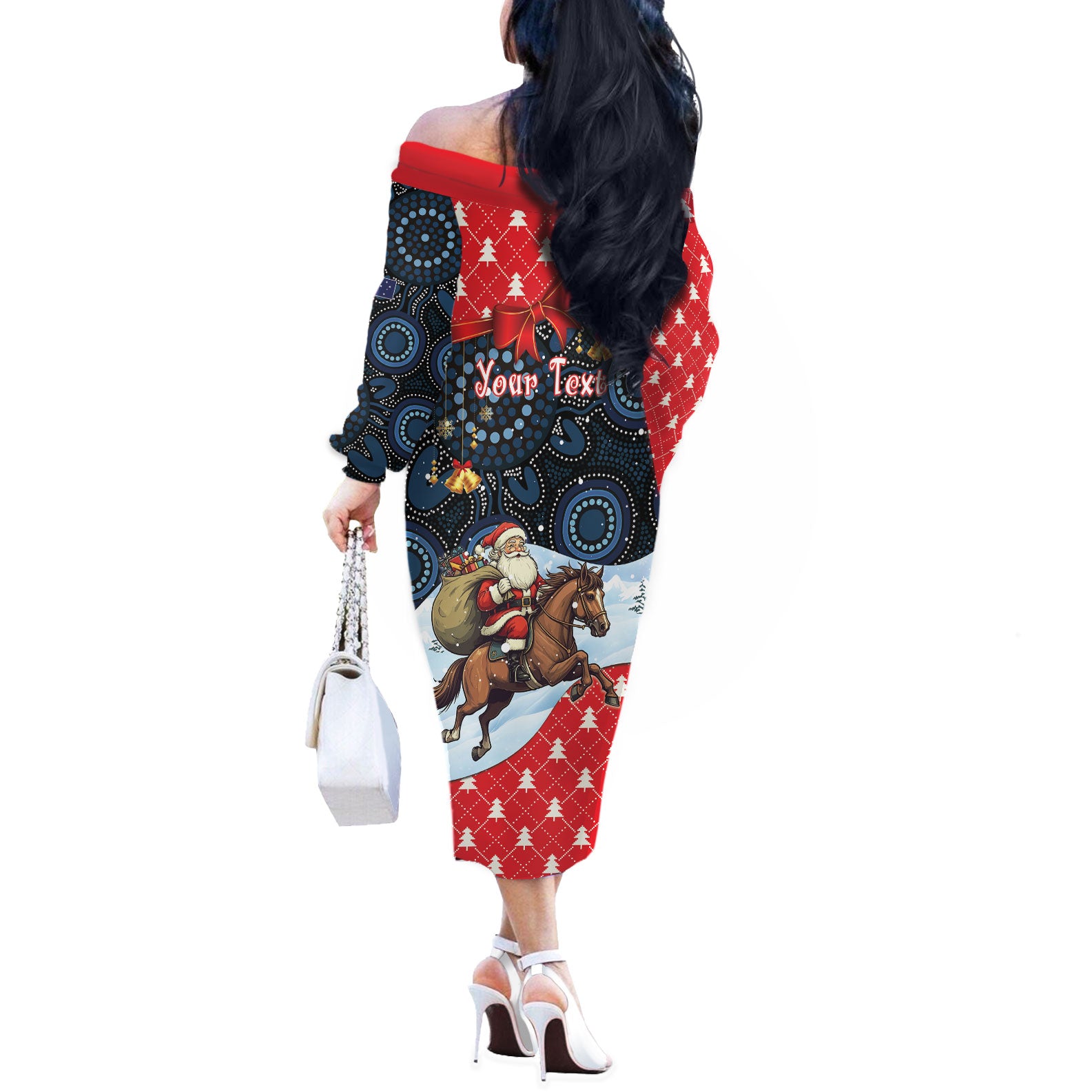 Australia Christmas In July Personalised Off The Shoulder Long Sleeve Dress Santa Horse Racing Aboriginal Dot Art
