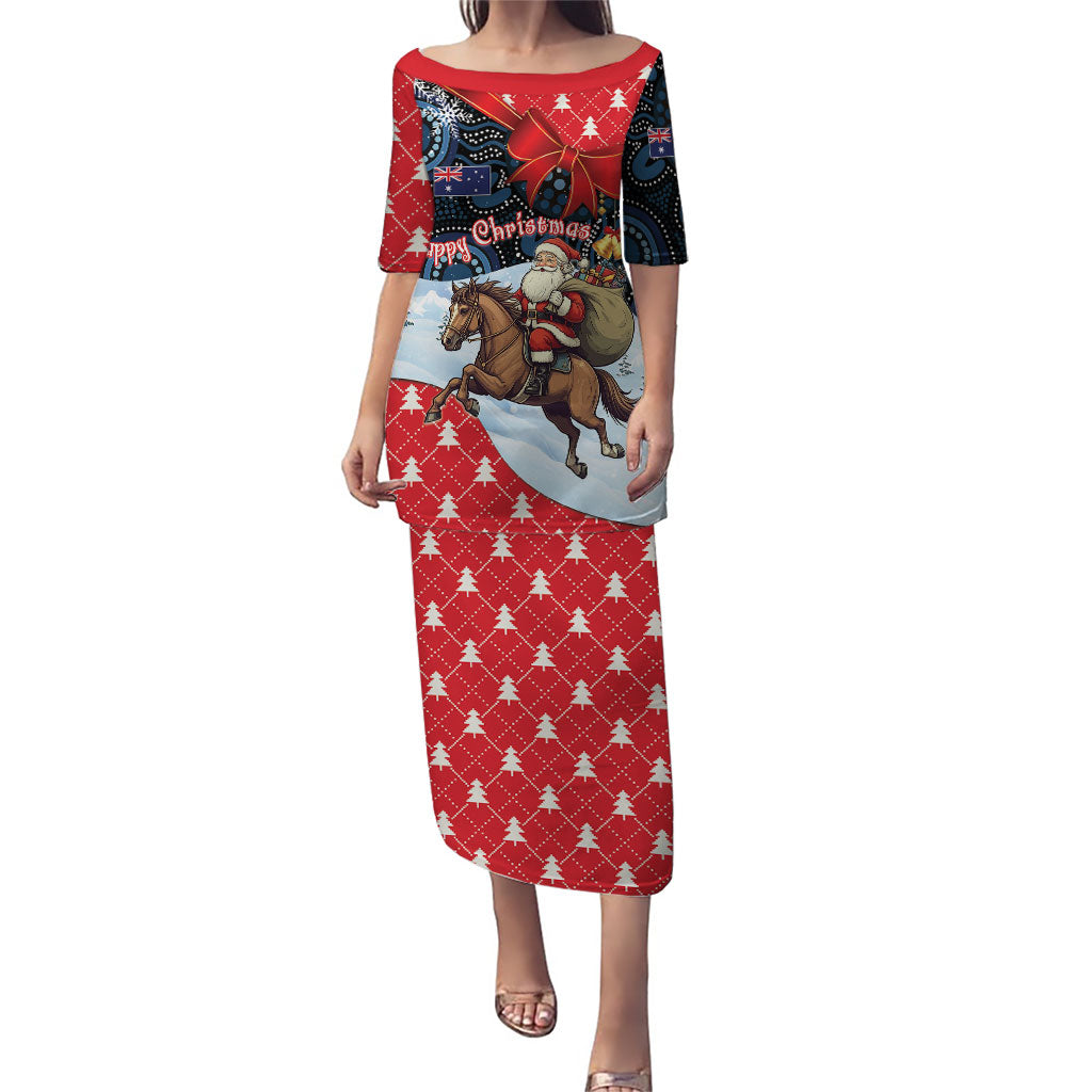 Australia Christmas In July Personalised Puletasi Santa Horse Racing Aboriginal Dot Art