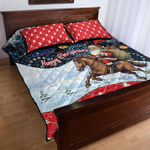 Australia Christmas In July Quilt Bed Set Santa Horse Racing Aboriginal Dot Art