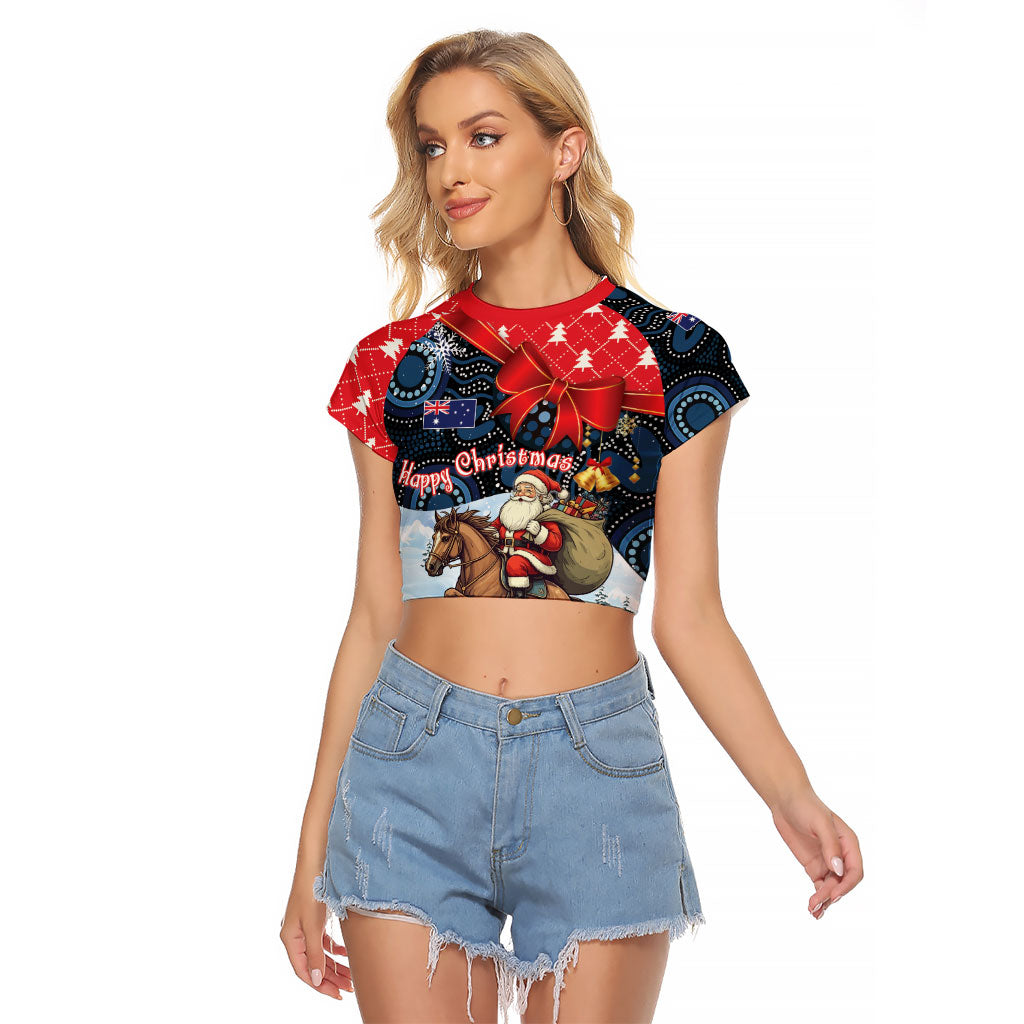 Australia Christmas In July Personalised Raglan Cropped T Shirt Santa Horse Racing Aboriginal Dot Art