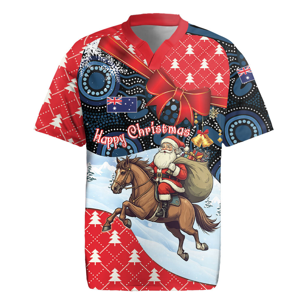 Australia Christmas In July Personalised Rugby Jersey Santa Horse Racing Aboriginal Dot Art