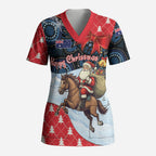 Australia Christmas In July Personalised Scrub Top Santa Horse Racing Aboriginal Dot Art