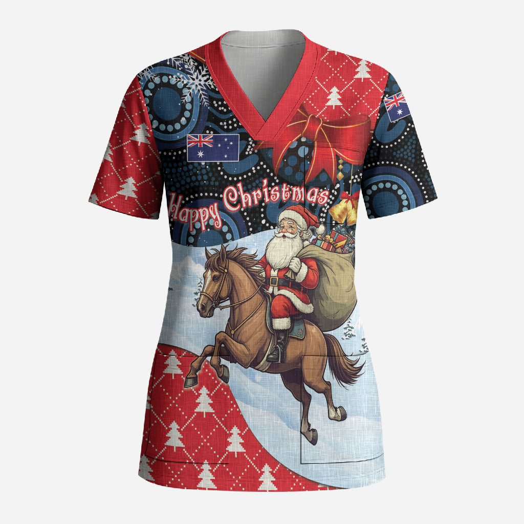 Australia Christmas In July Personalised Scrub Top Santa Horse Racing Aboriginal Dot Art