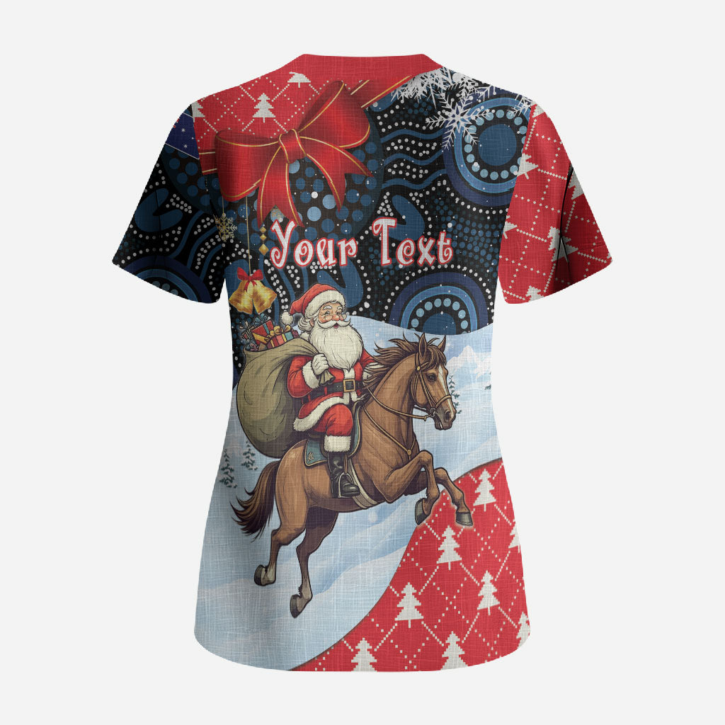 Australia Christmas In July Personalised Scrub Top Santa Horse Racing Aboriginal Dot Art