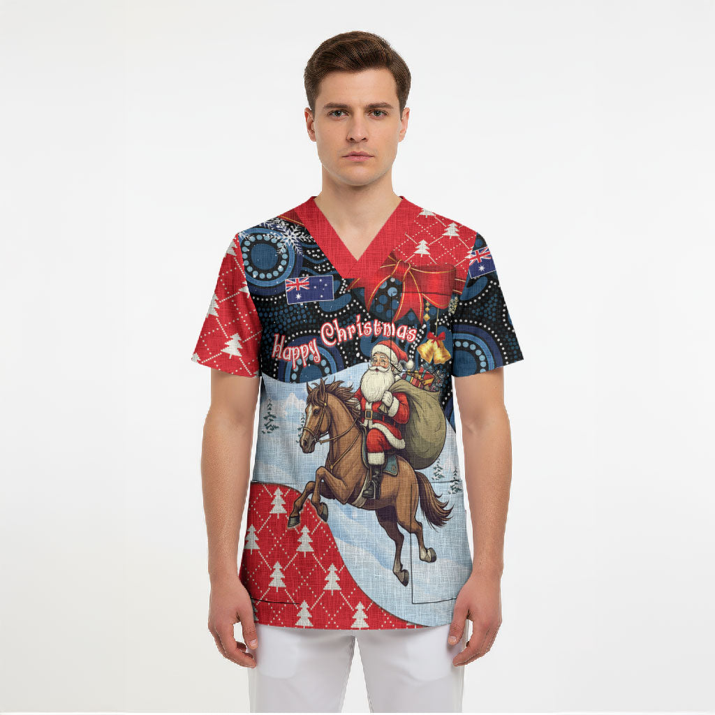 Australia Christmas In July Personalised Scrub Top Santa Horse Racing Aboriginal Dot Art