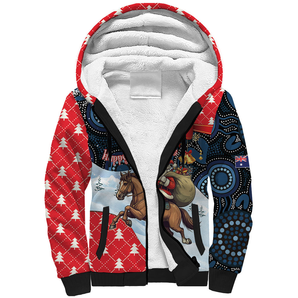 Australia Christmas In July Personalised Sherpa Hoodie Santa Horse Racing Aboriginal Dot Art
