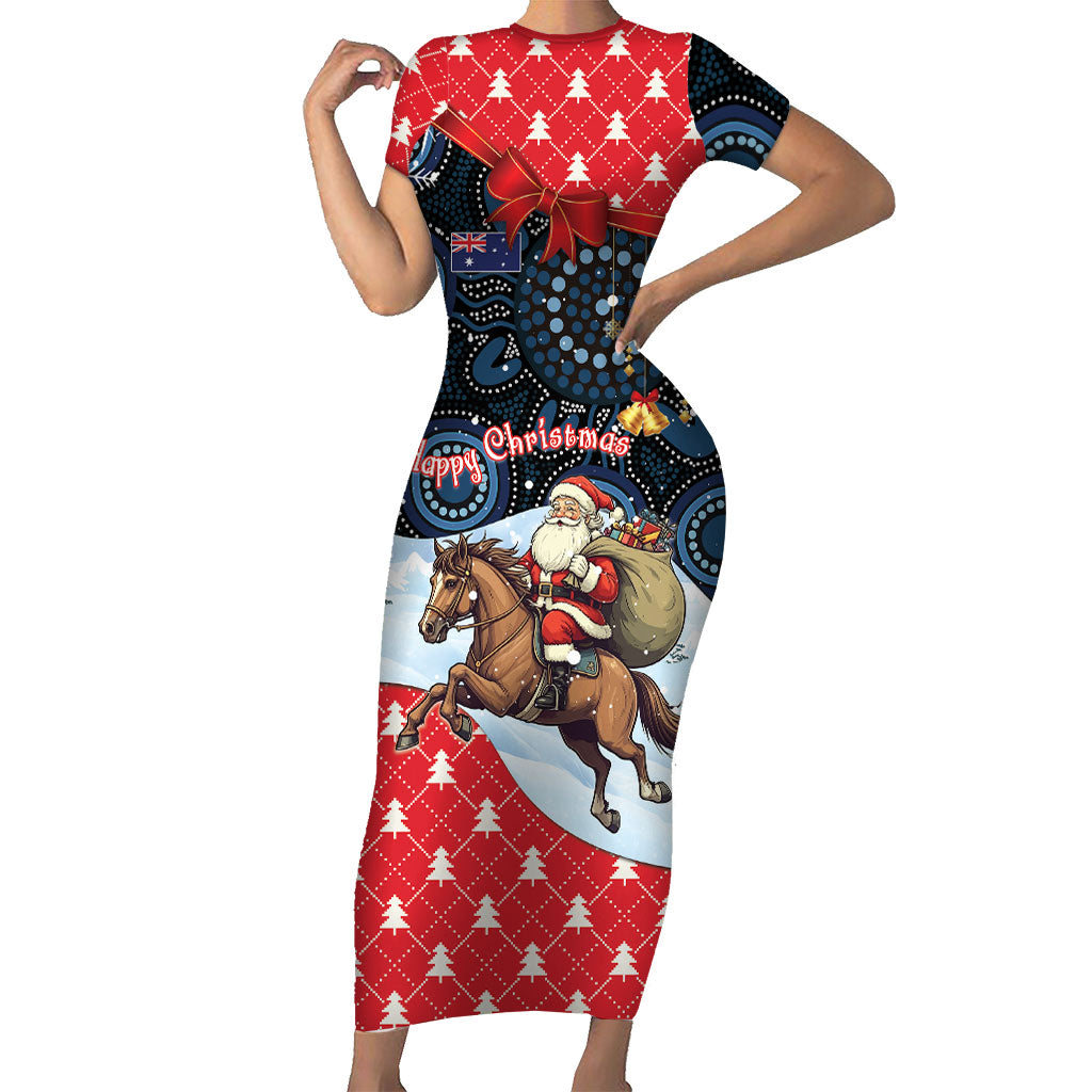 Australia Christmas In July Personalised Short Sleeve Bodycon Dress Santa Horse Racing Aboriginal Dot Art