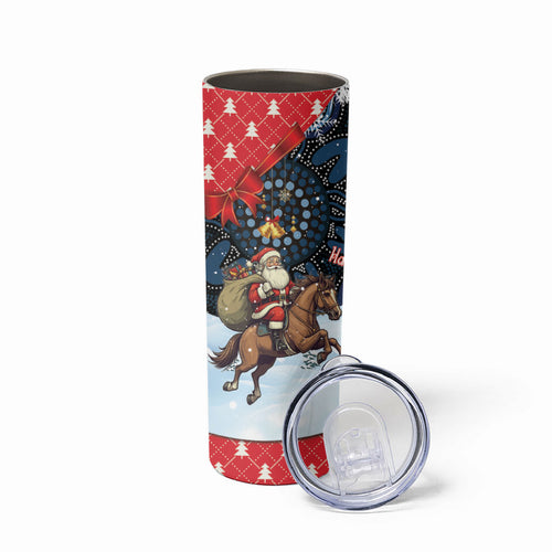 Australia Christmas In July Skinny Tumbler Santa Horse Racing Aboriginal Dot Art