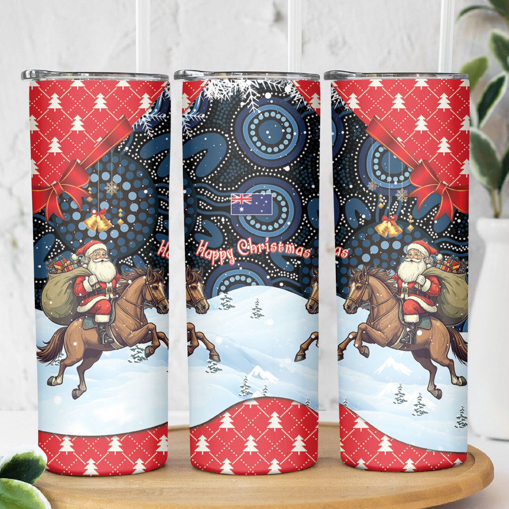 Australia Christmas In July Skinny Tumbler Santa Horse Racing Aboriginal Dot Art