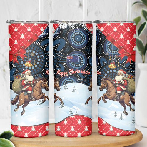 Australia Christmas In July Skinny Tumbler Santa Horse Racing Aboriginal Dot Art