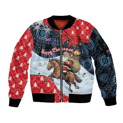 Australia Christmas In July Personalised Sleeve Zip Bomber Jacket Santa Horse Racing Aboriginal Dot Art