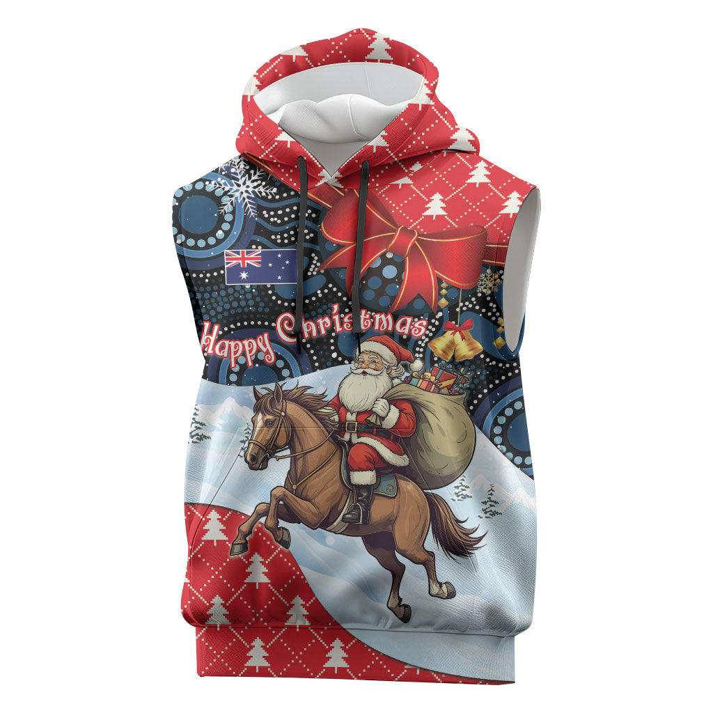Australia Christmas In July Personalised Sleeveless Hoodie Santa Horse Racing Aboriginal Dot Art