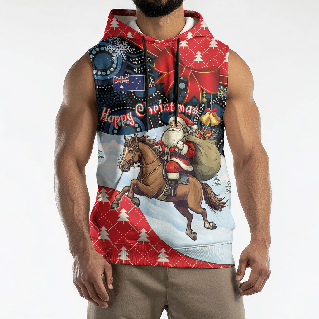 Australia Christmas In July Personalised Sleeveless Hoodie Santa Horse Racing Aboriginal Dot Art