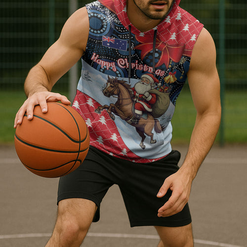 Australia Christmas In July Personalised Sleeveless Hoodie Santa Horse Racing Aboriginal Dot Art