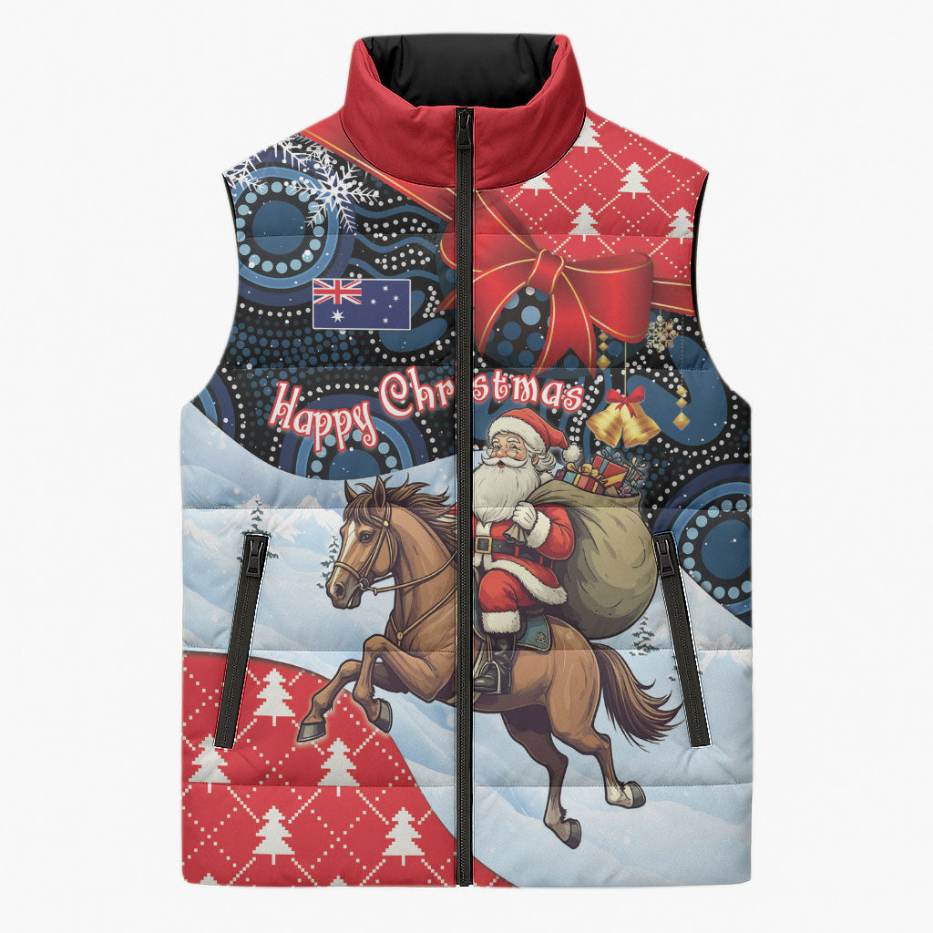 Australia Christmas In July Personalised Sleeveless Puffer Jacket Santa Horse Racing Aboriginal Dot Art