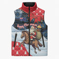 Australia Christmas In July Personalised Sleeveless Puffer Jacket Santa Horse Racing Aboriginal Dot Art