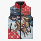 Australia Christmas In July Personalised Sleeveless Puffer Jacket Santa Horse Racing Aboriginal Dot Art