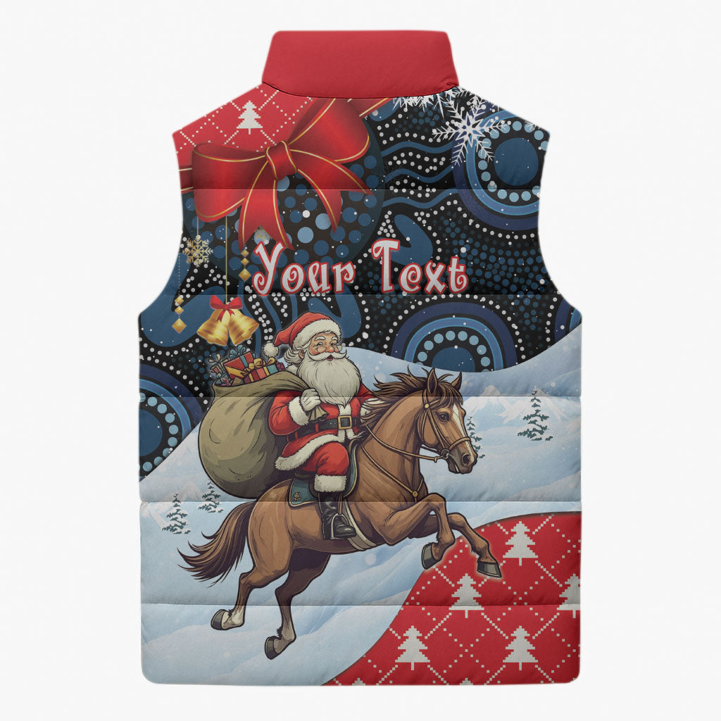 Australia Christmas In July Personalised Sleeveless Puffer Jacket Santa Horse Racing Aboriginal Dot Art