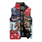 Australia Christmas In July Personalised Sleeveless Puffer Jacket Santa Horse Racing Aboriginal Dot Art