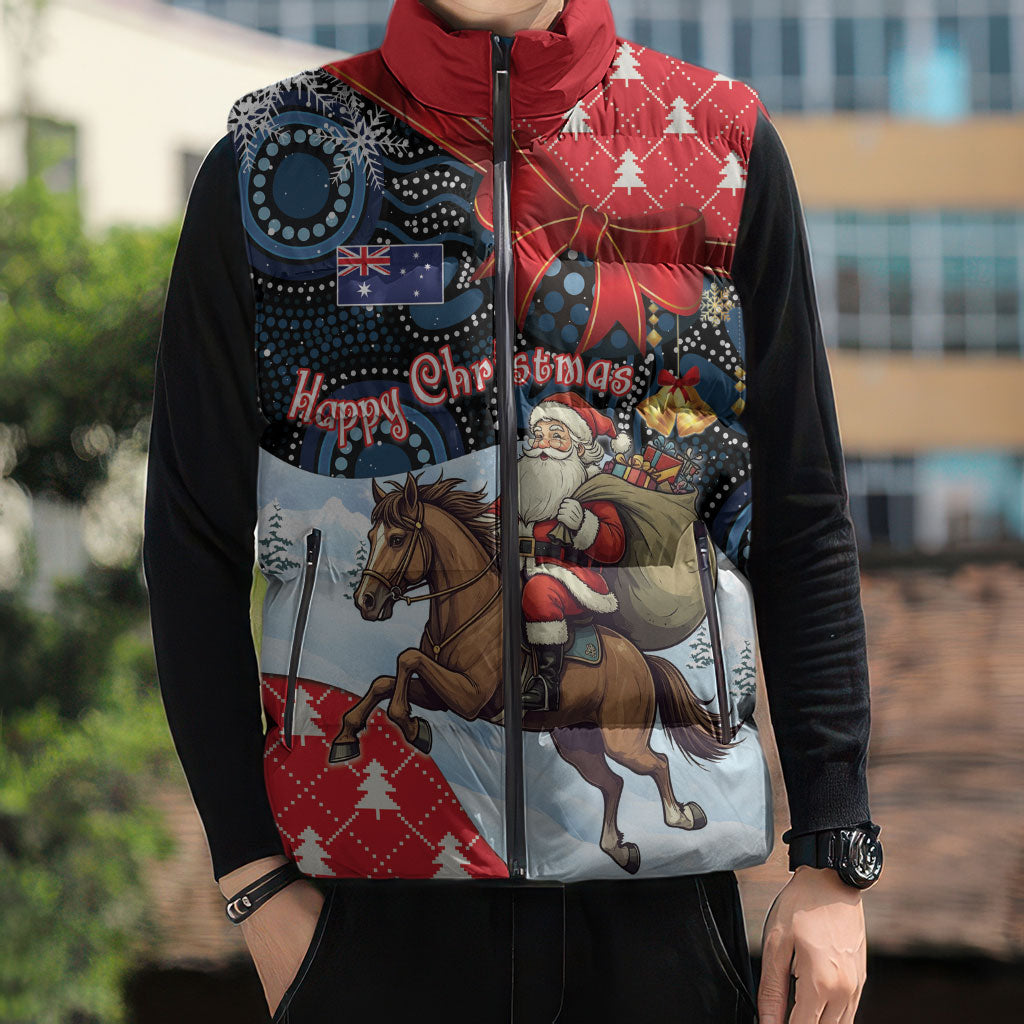 Australia Christmas In July Personalised Sleeveless Puffer Jacket Santa Horse Racing Aboriginal Dot Art