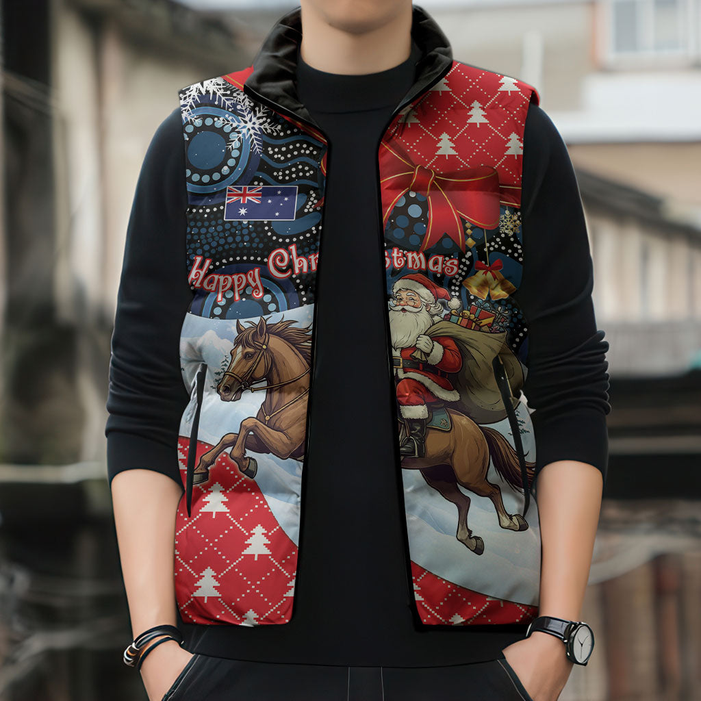 Australia Christmas In July Personalised Sleeveless Puffer Jacket Santa Horse Racing Aboriginal Dot Art