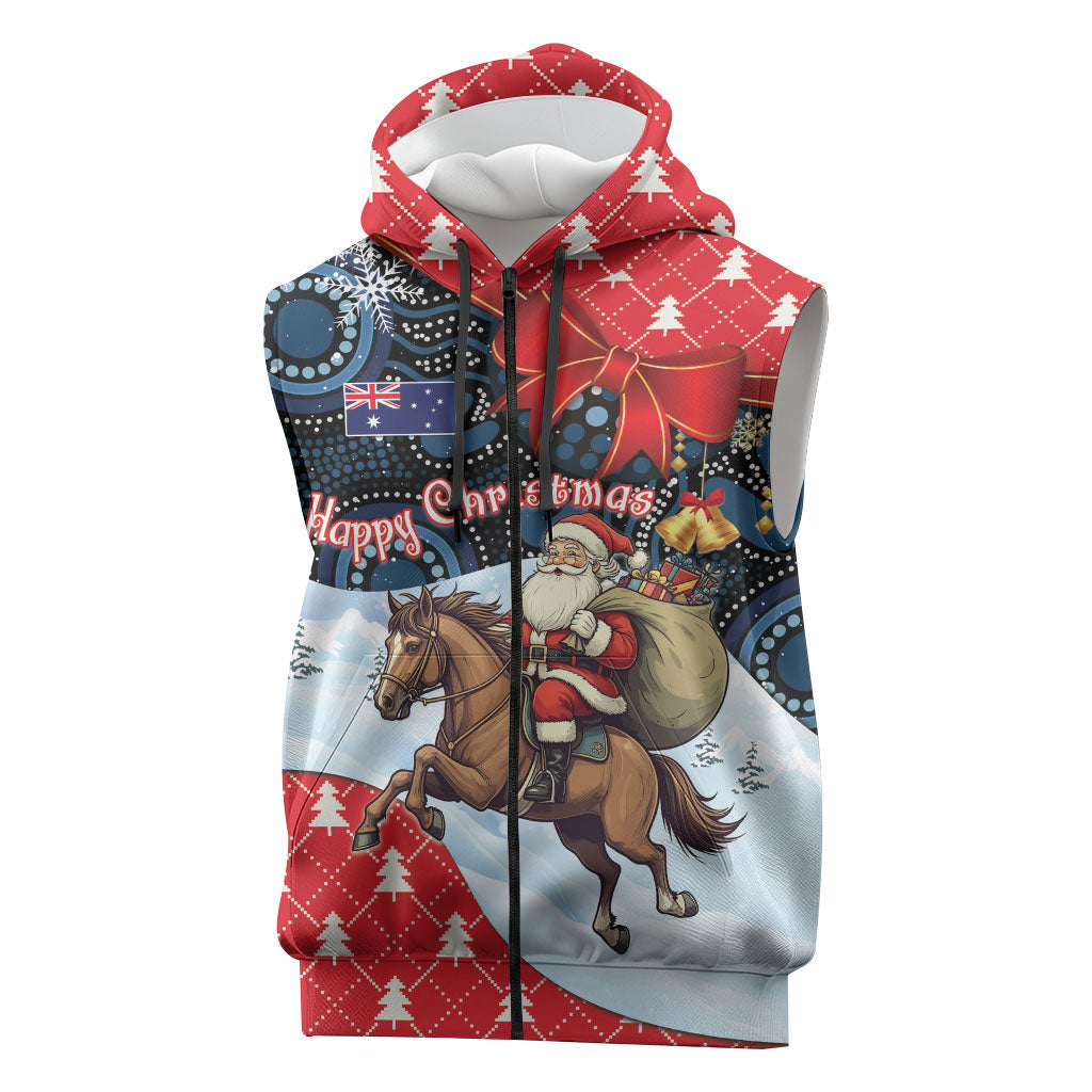 Australia Christmas In July Personalised Sleeveless Zip Hoodie Santa Horse Racing Aboriginal Dot Art