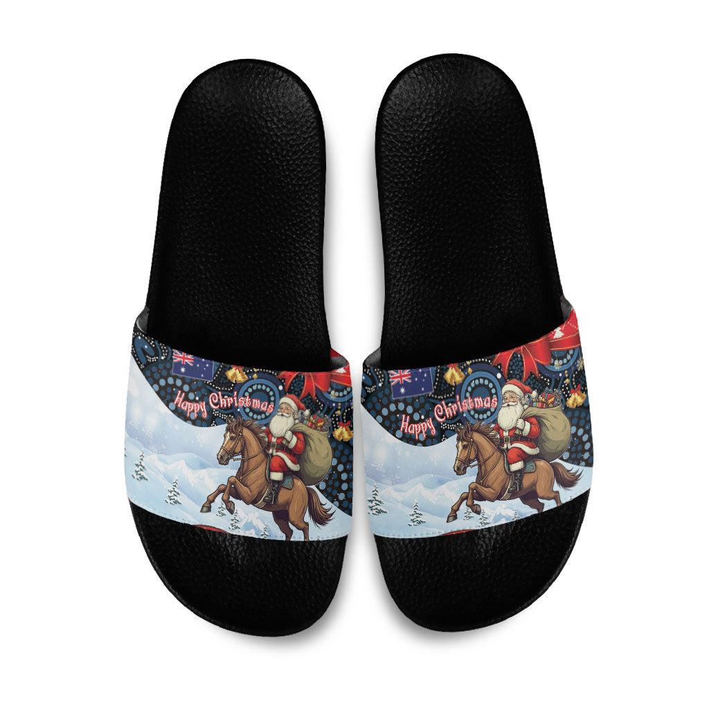 Australia Christmas In July Slide Sandals Santa Horse Racing Aboriginal Dot Art