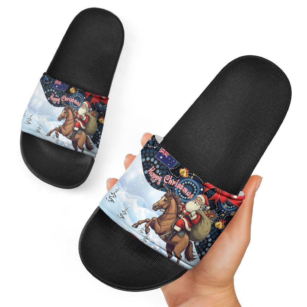 Australia Christmas In July Slide Sandals Santa Horse Racing Aboriginal Dot Art