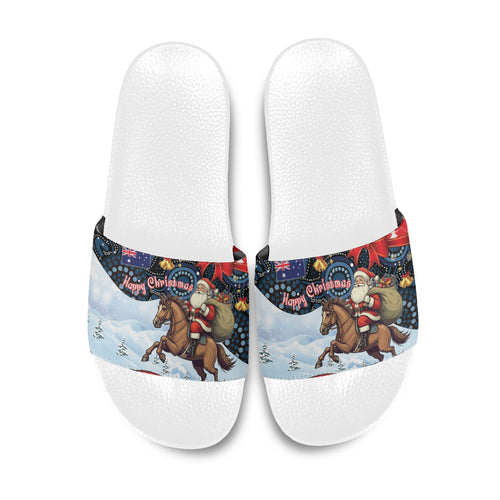Australia Christmas In July Slide Sandals Santa Horse Racing Aboriginal Dot Art
