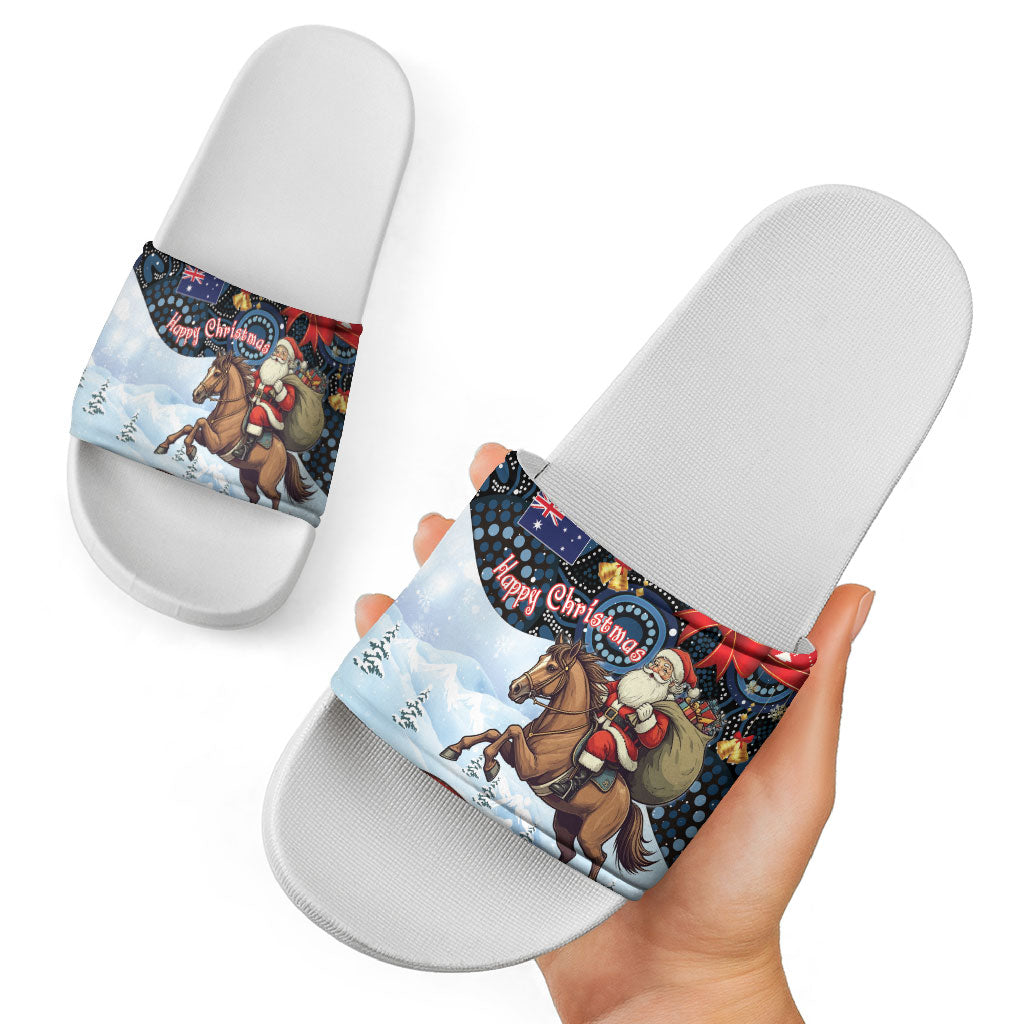 Australia Christmas In July Slide Sandals Santa Horse Racing Aboriginal Dot Art