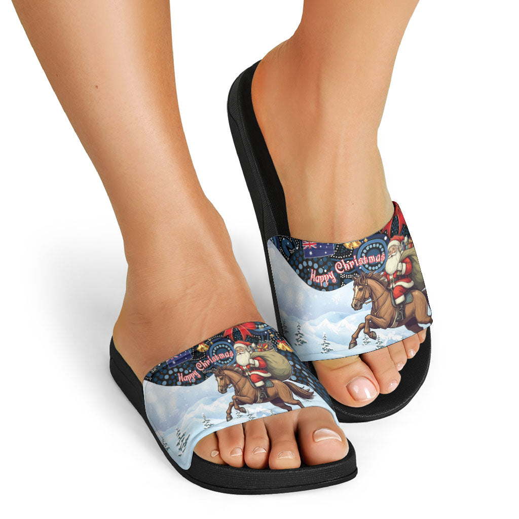 Australia Christmas In July Slide Sandals Santa Horse Racing Aboriginal Dot Art