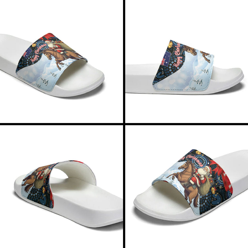 Australia Christmas In July Slide Sandals Santa Horse Racing Aboriginal Dot Art